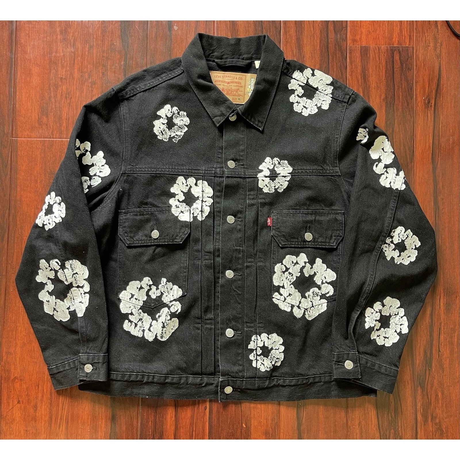 Denim Tears X Levi's Type Ii Cotton Wreath Black Denim Trucker Jacket Size Xl